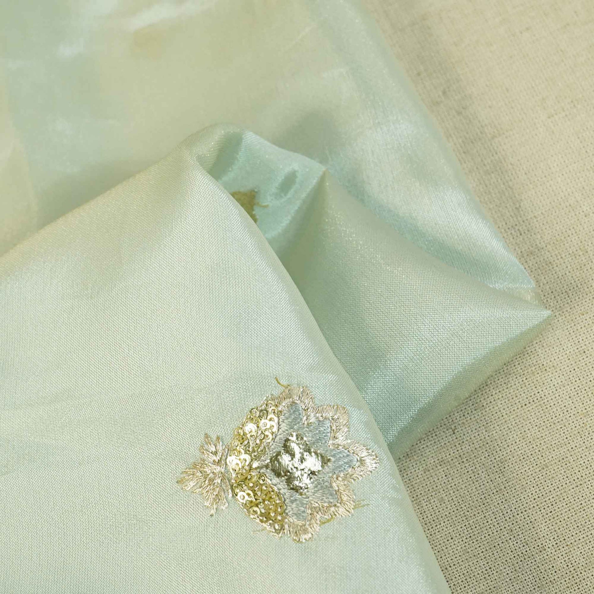 Light Green Zari Embroidery Sequence Glass Tissue KF-27196