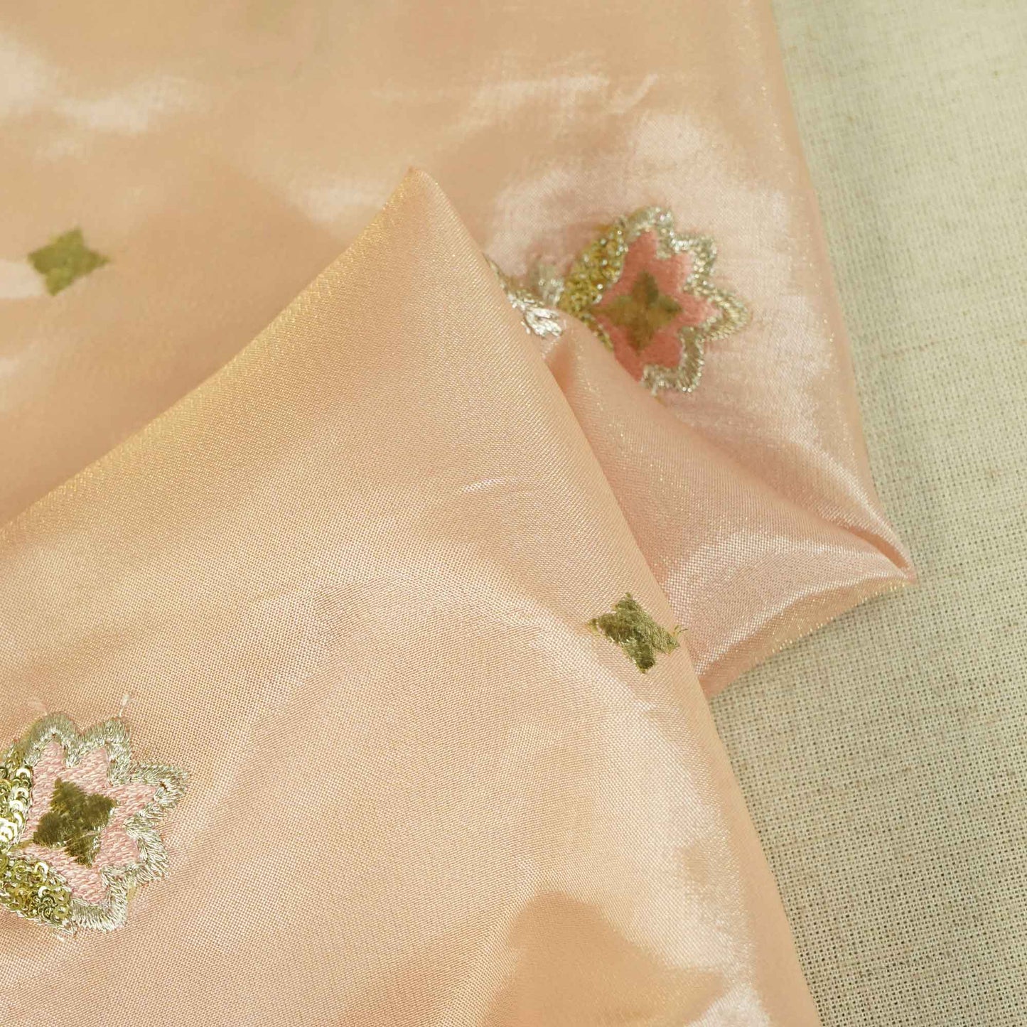 Peach Zari Embroidery Sequence Glass Tissue KF-27198