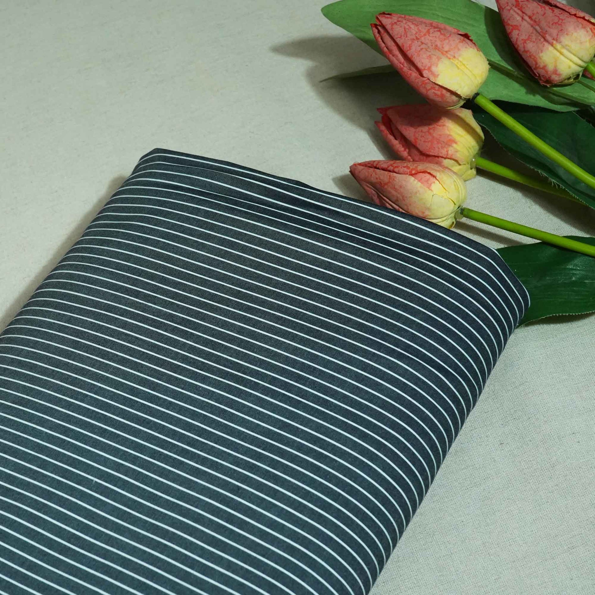Dark Grey & White Stripes Print Poplin Fabric LSF-27228