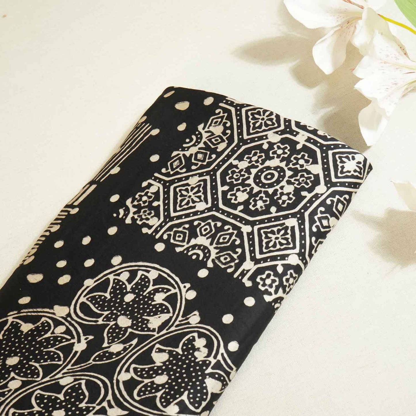 Black Floral Ajrakh Print Modal Silk Fabric ASK-27267