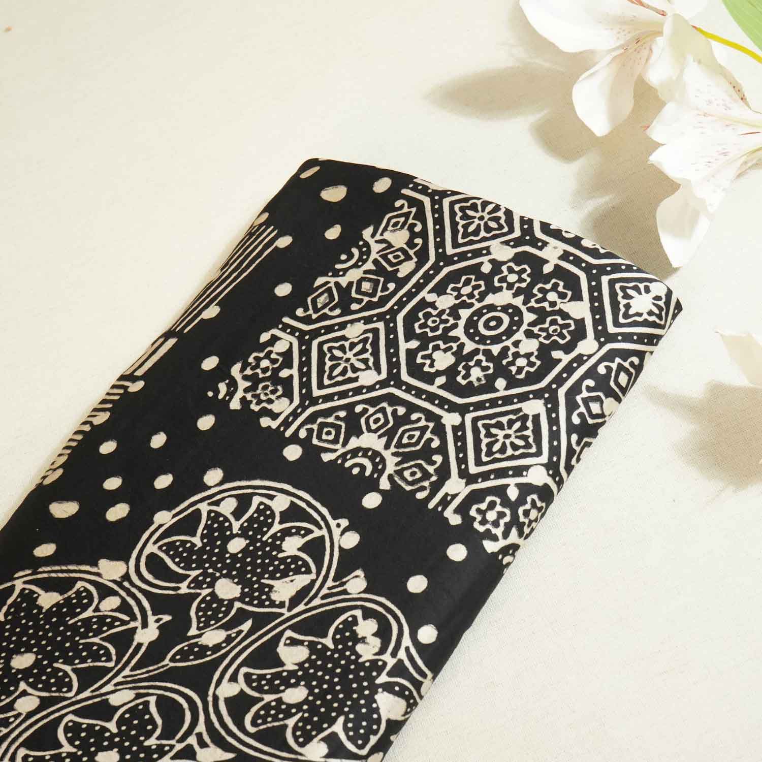 Black Floral Ajrakh Print Modal Silk Fabric ASK-27267