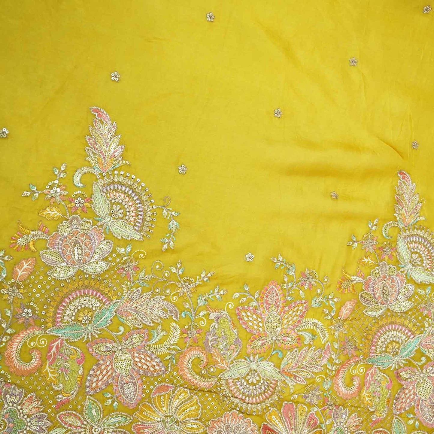 Yellow Floral Embroidery Orgnaza Fabric WI-27286