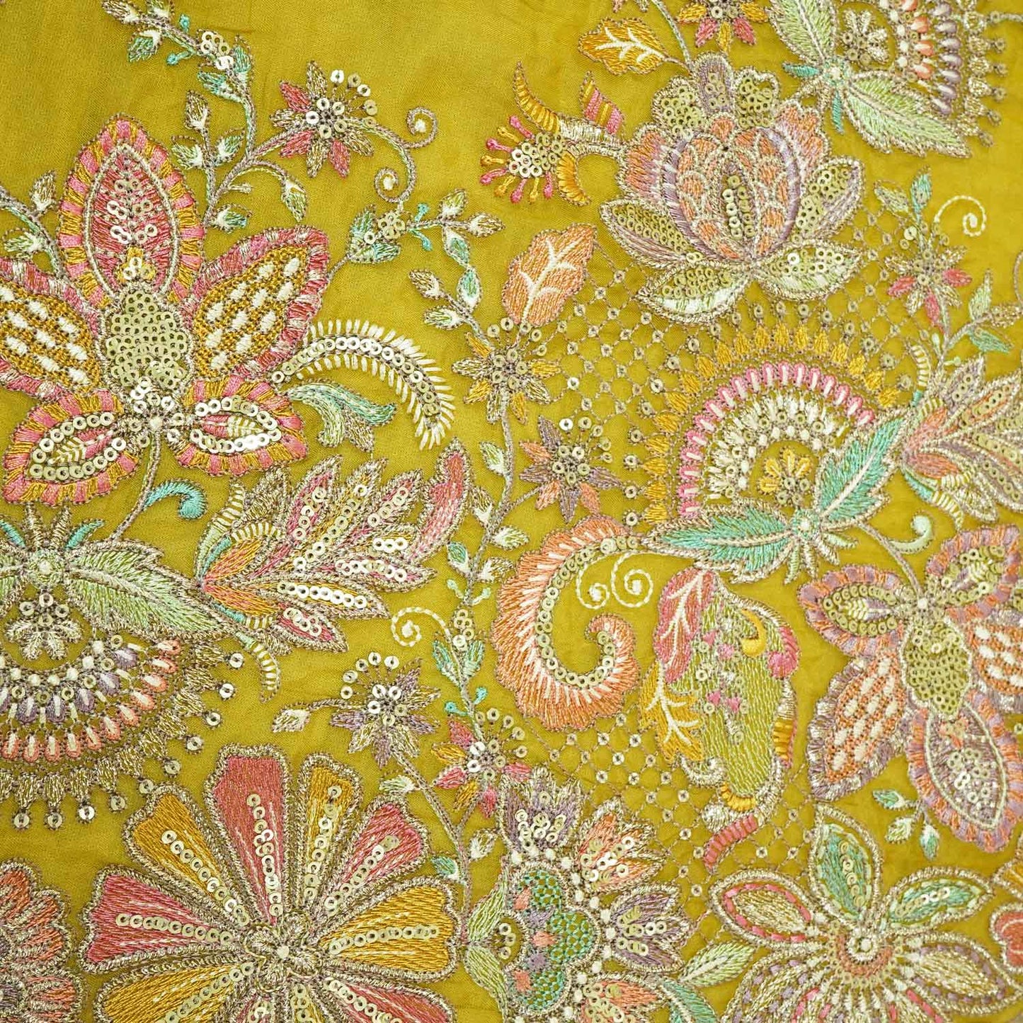 Yellow Floral Embroidery Orgnaza Fabric WI-27286