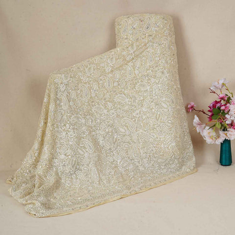 Lemon Yellow Paisley Sequins Embroidery Chikankari Georgette Fabric DR-28274