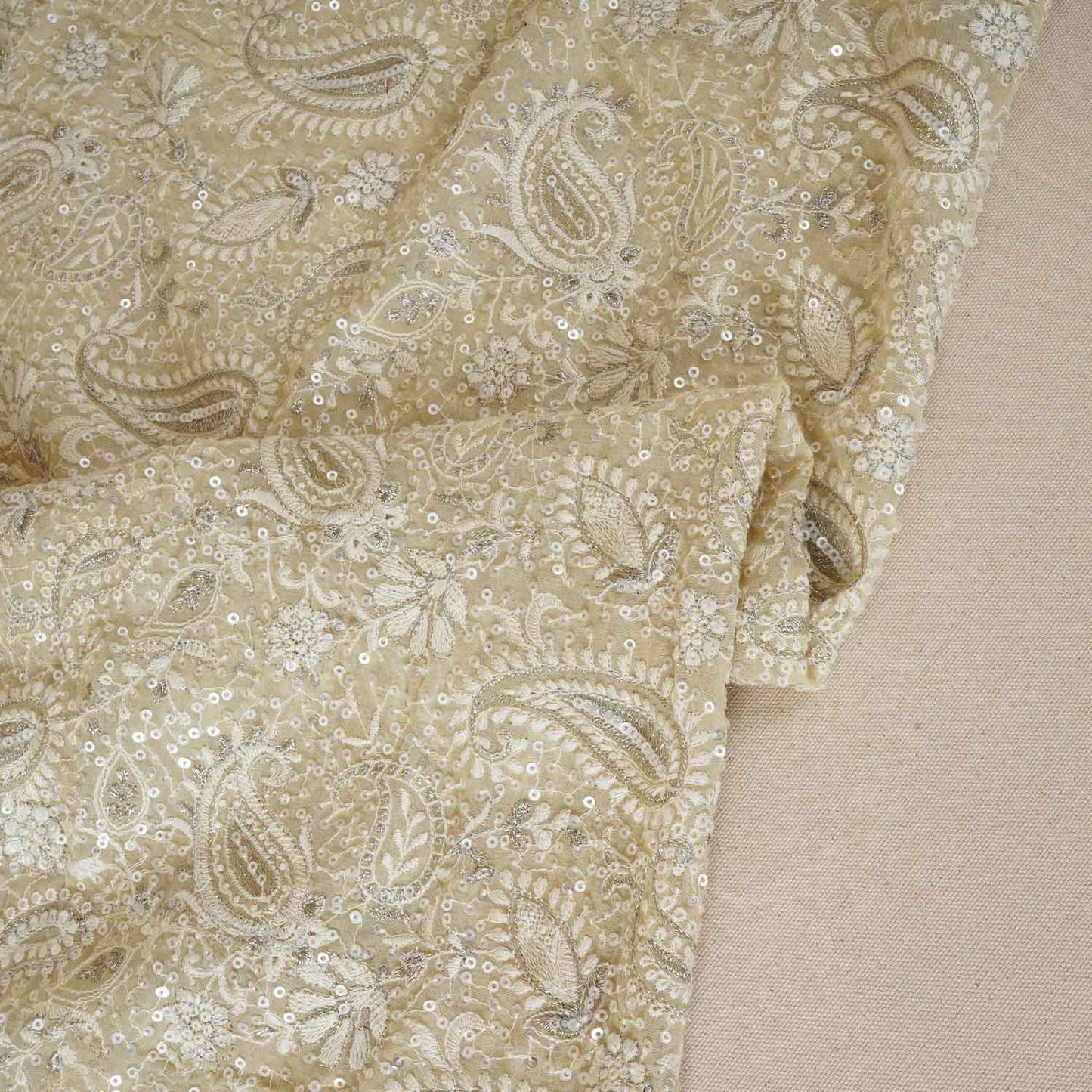 Lemon Yellow Paisley Sequins Embroidery Chikankari Georgette Fabric DRAJ-28274