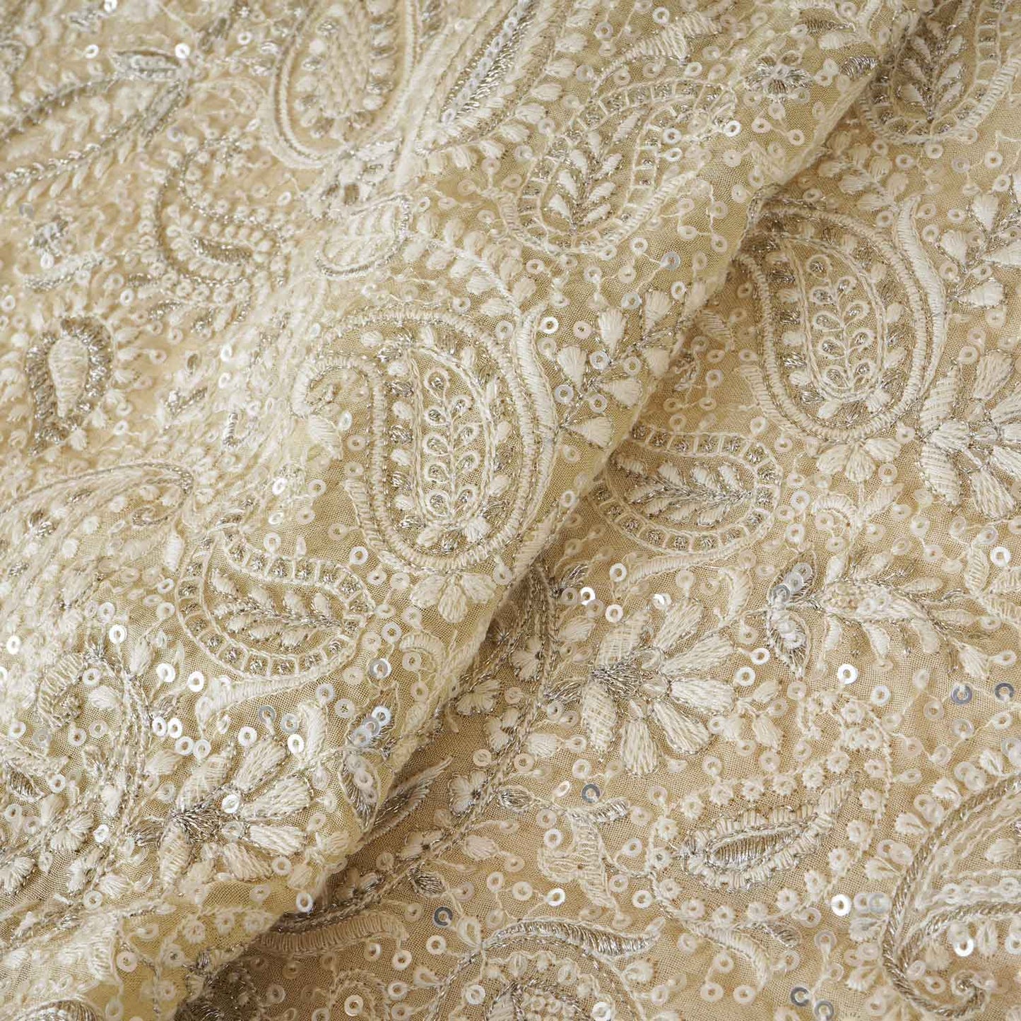 Lemon Yellow Paisley Sequins Embroidery Chikankari Georgette Fabric DRAJ-28274