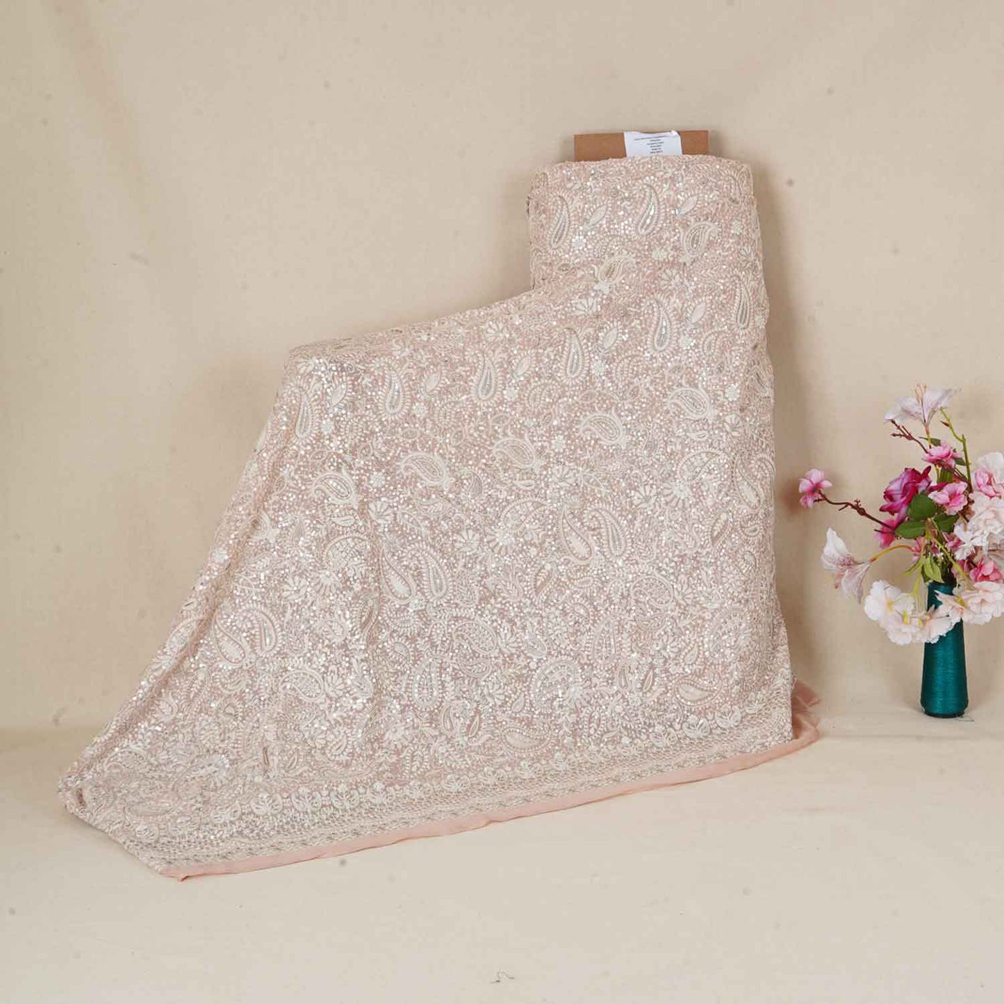 Peach Pink Paisley Sequins Embroidery Chikankari Georgette Fabric DRAJ-28275
