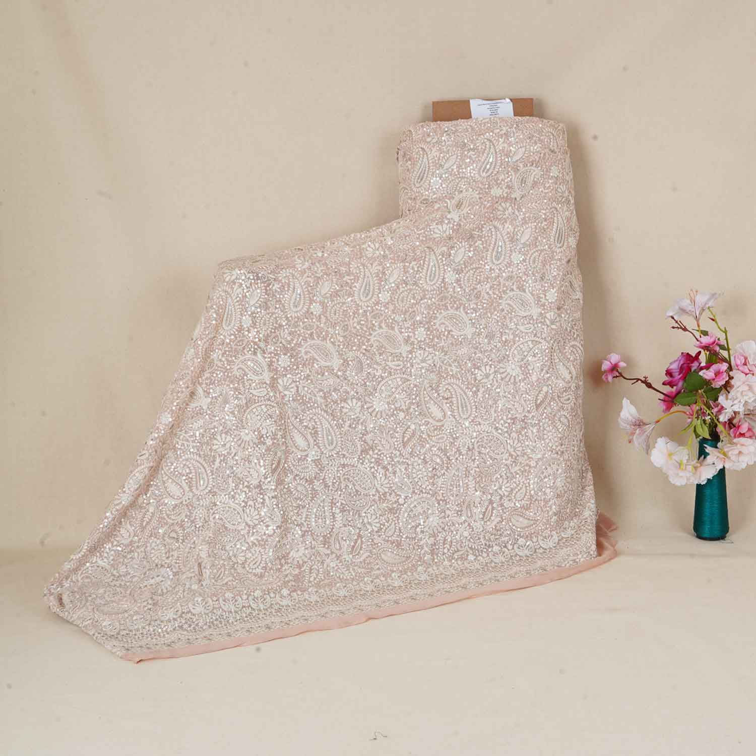Peach Pink Paisley Sequins Embroidery Chikankari Georgette Fabric DR-28275 - TradeUNO