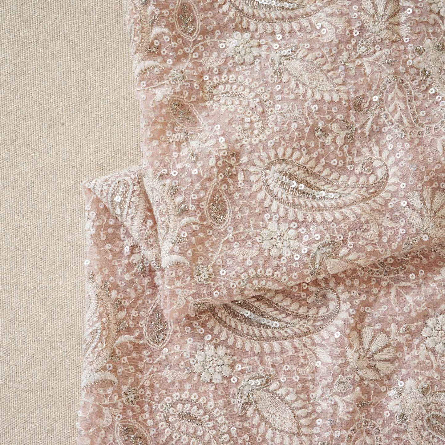 Peach Pink Paisley Sequins Embroidery Chikankari Georgette Fabric DRAJ-28275