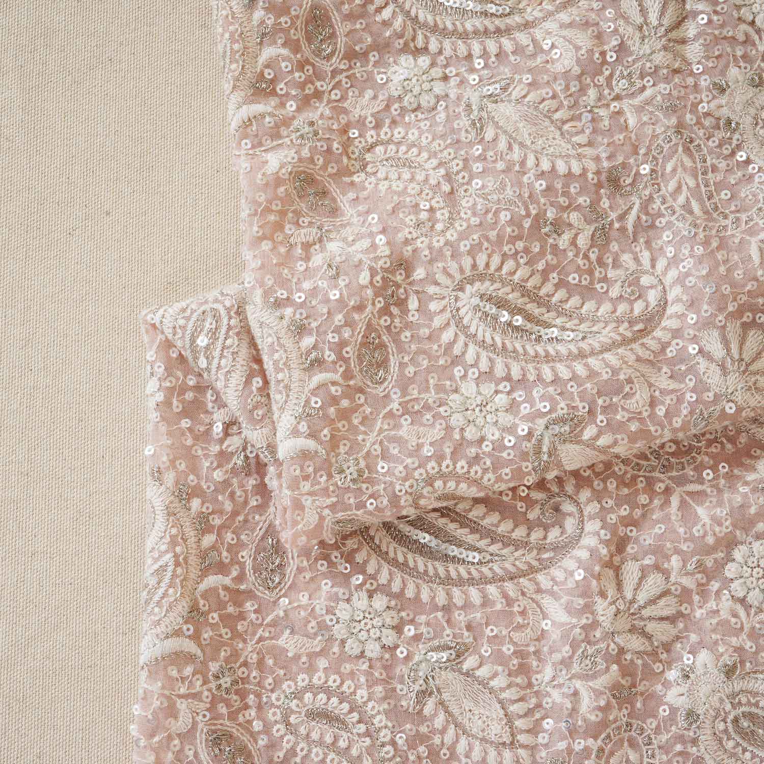 Peach Pink Paisley Sequins Embroidery Chikankari Georgette Fabric DR-28275 - TradeUNO