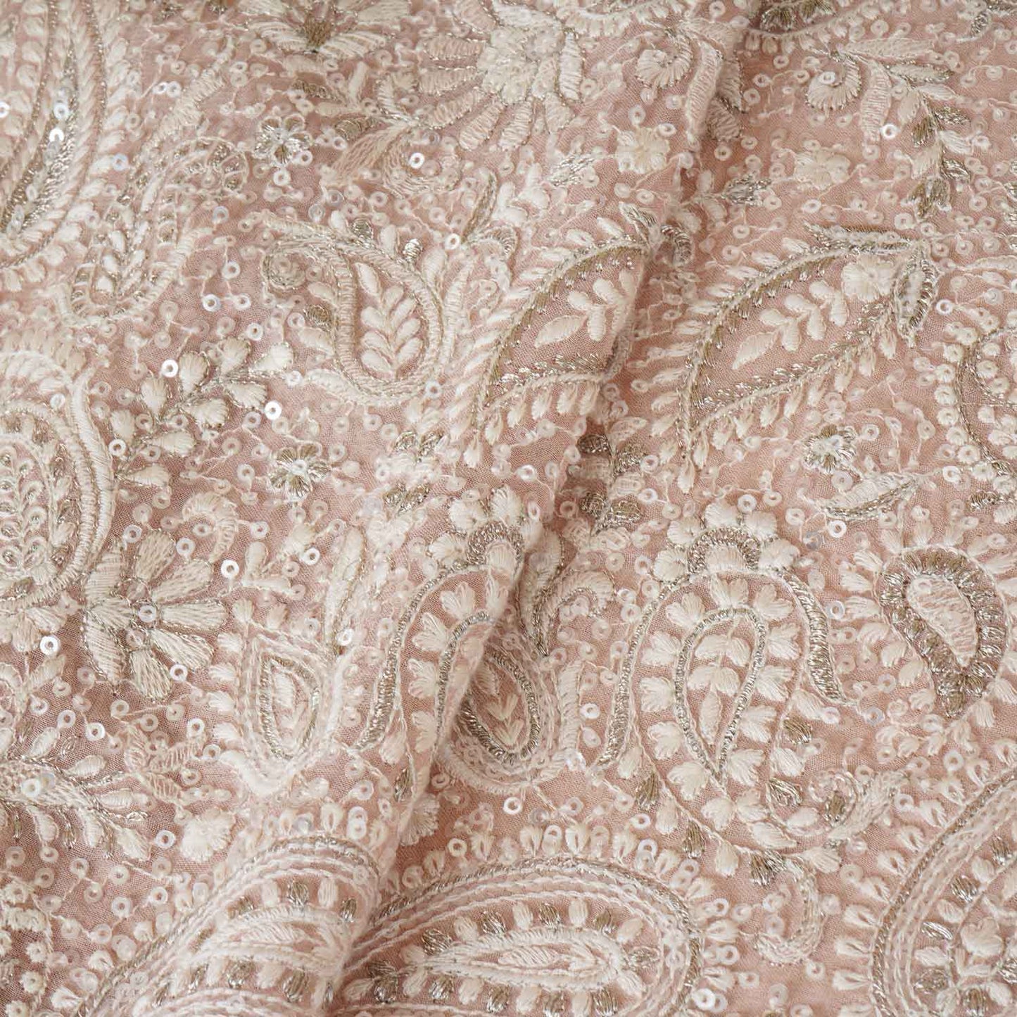 Peach Pink Paisley Sequins Embroidery Chikankari Georgette Fabric DRAJ-28275