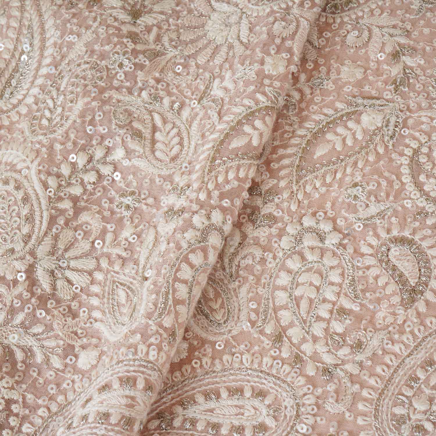 Peach Pink Paisley Sequins Embroidery Chikankari Georgette Fabric DR-28275 - TradeUNO