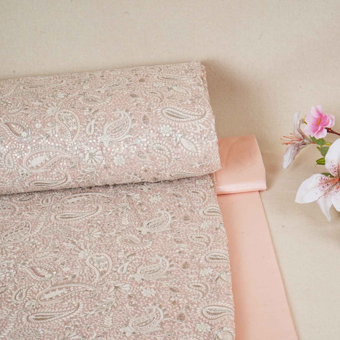 Peach Pink Paisley Sequins Embroidery Chikankari Georgette Fabric DRAJ-28275