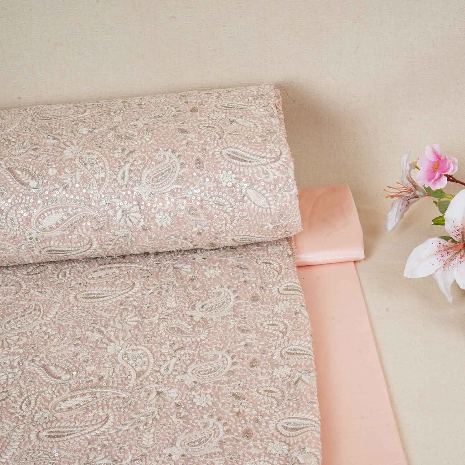 Peach Pink Paisley Sequins Embroidery Chikankari Georgette Fabric DR-28275 - TradeUNO