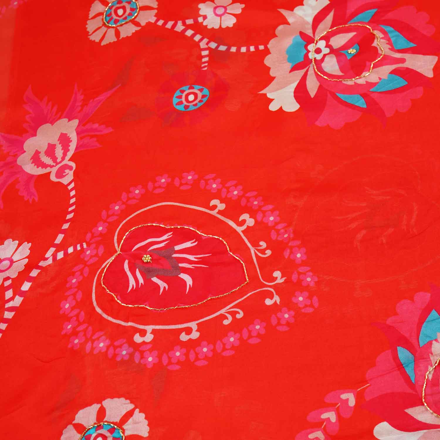 Orange Floral hand embroidery Viscose Organza Fabric MF-27526