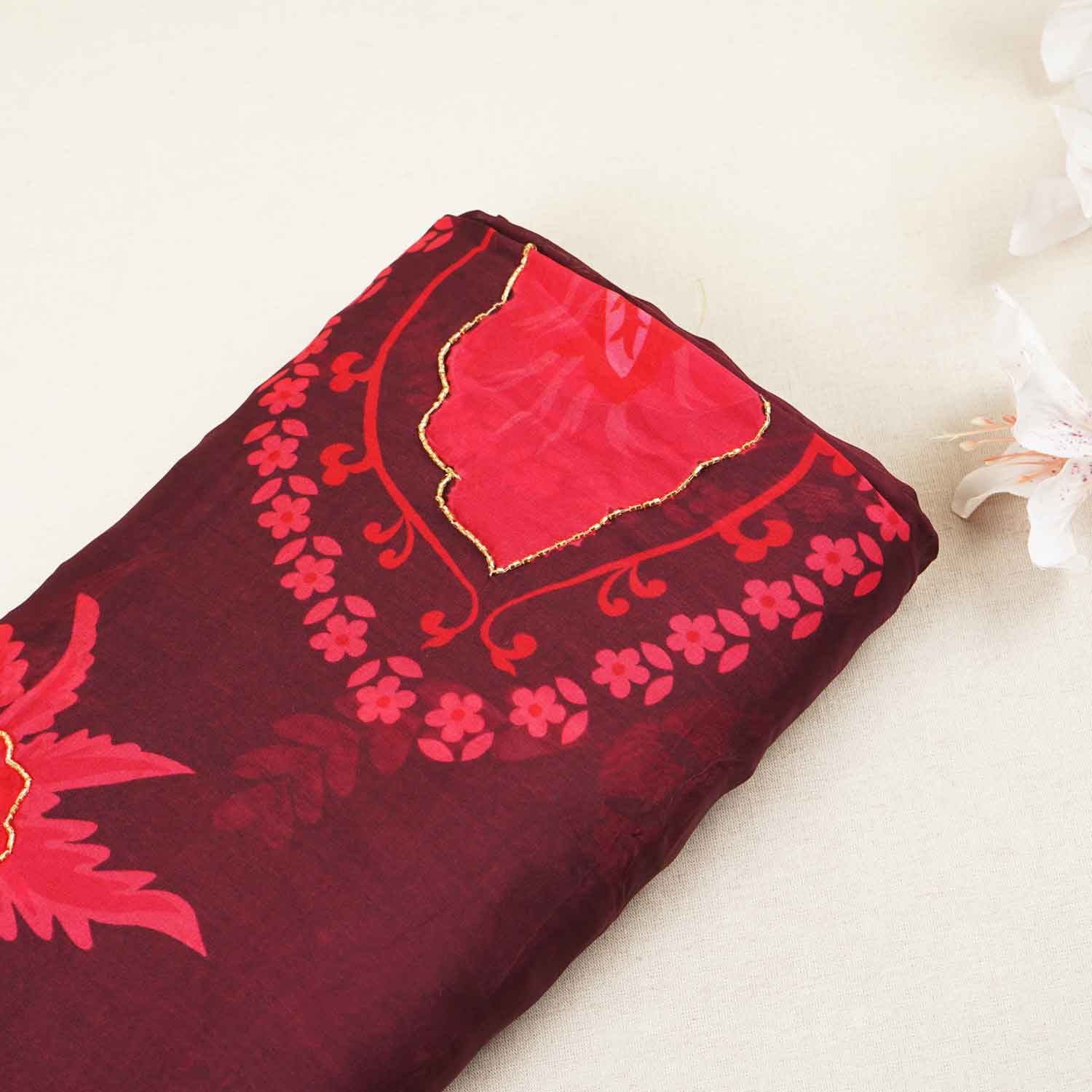 Wine Floral hand embroidery Viscose Organza Fabric MF-27527