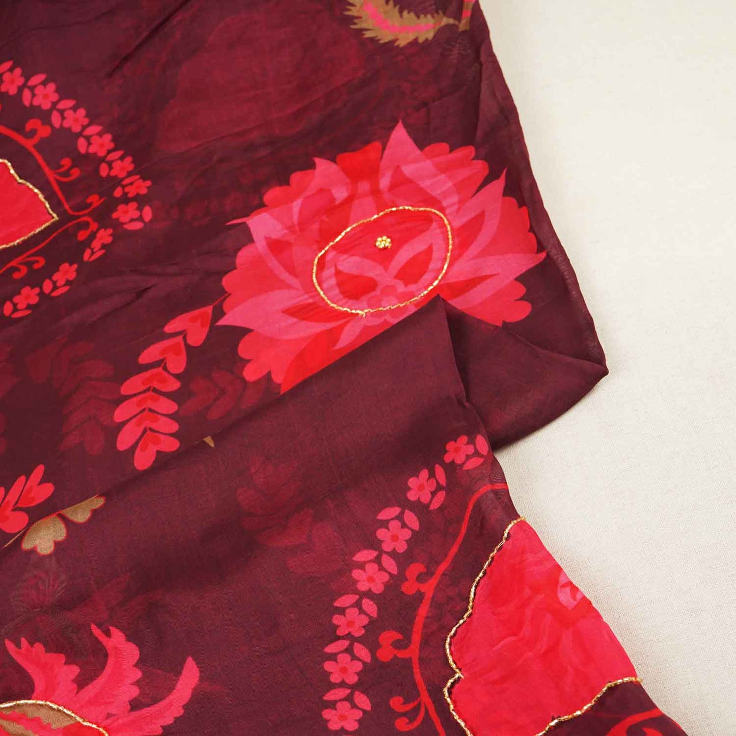 Wine Floral hand embroidery Viscose Organza Fabric MF-27527