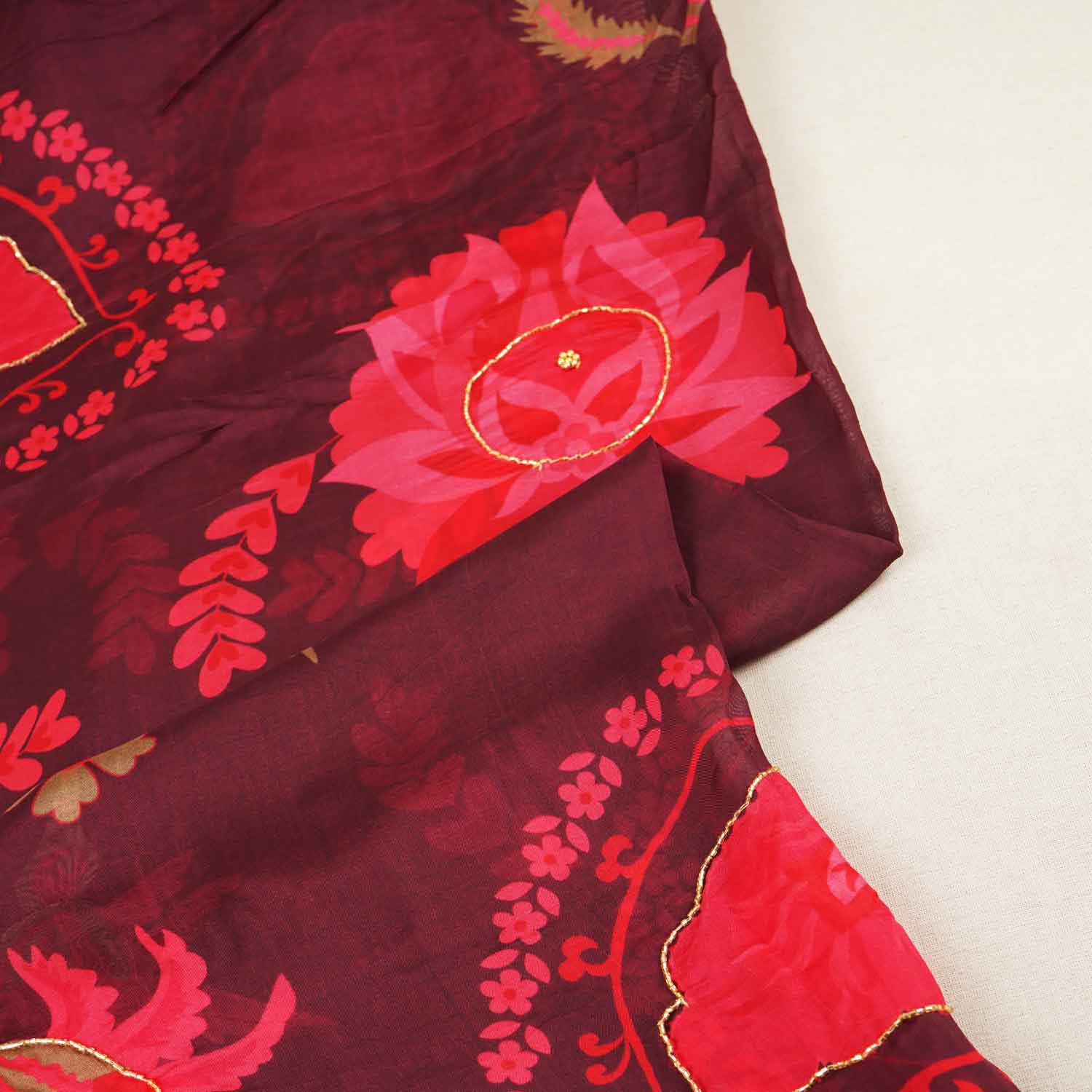 Wine Floral hand embroidery Viscose Organza Fabric MF-27527
