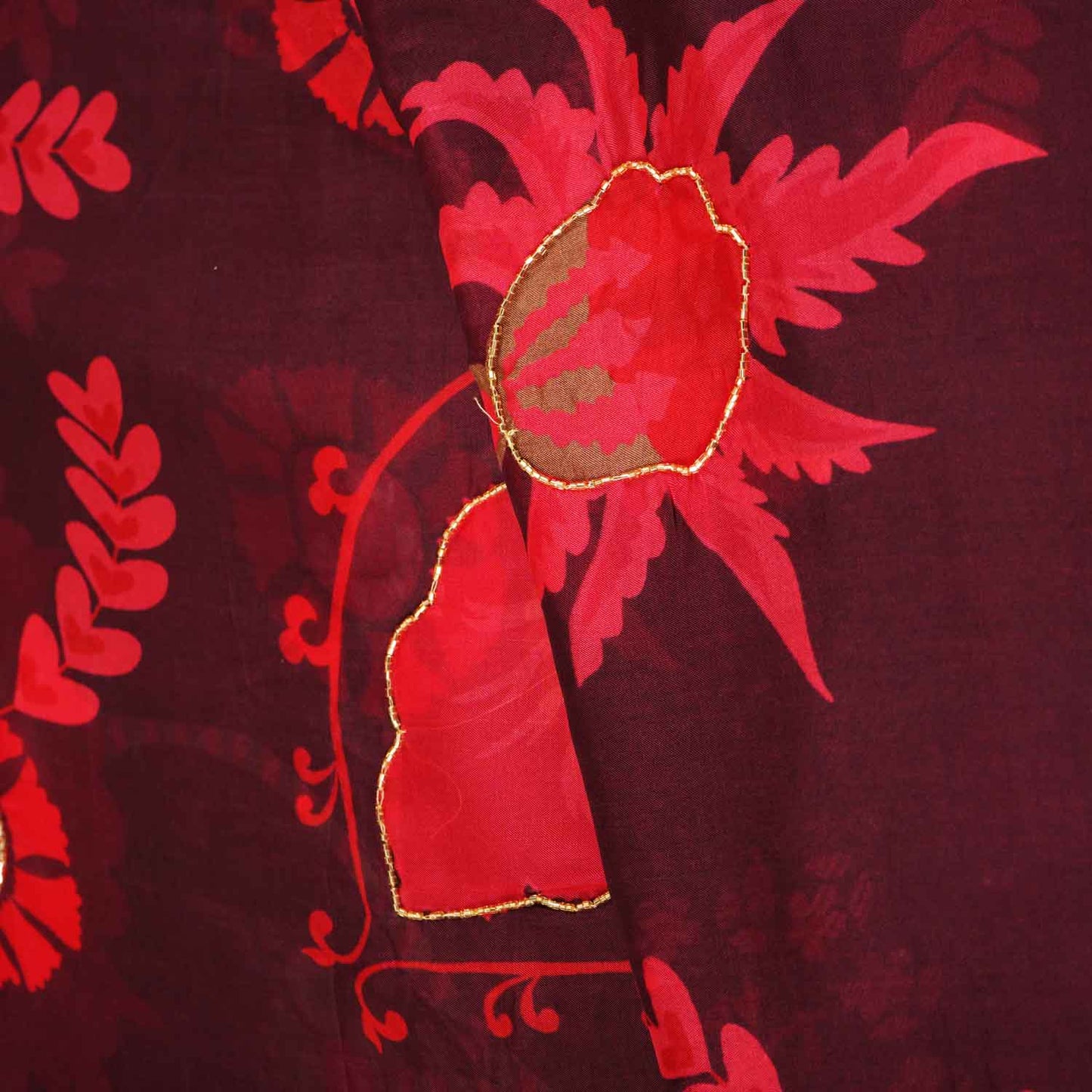 Wine Floral hand embroidery Viscose Organza Fabric MF-27527