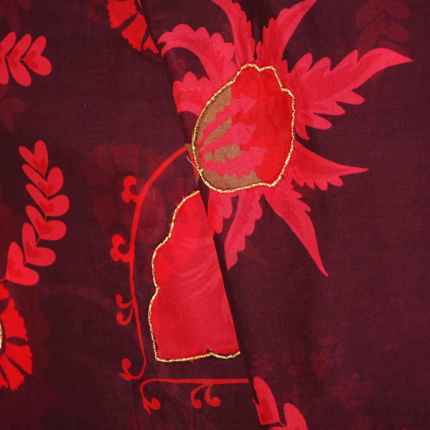 Wine Floral hand embroidery Viscose Organza Fabric MF-27527