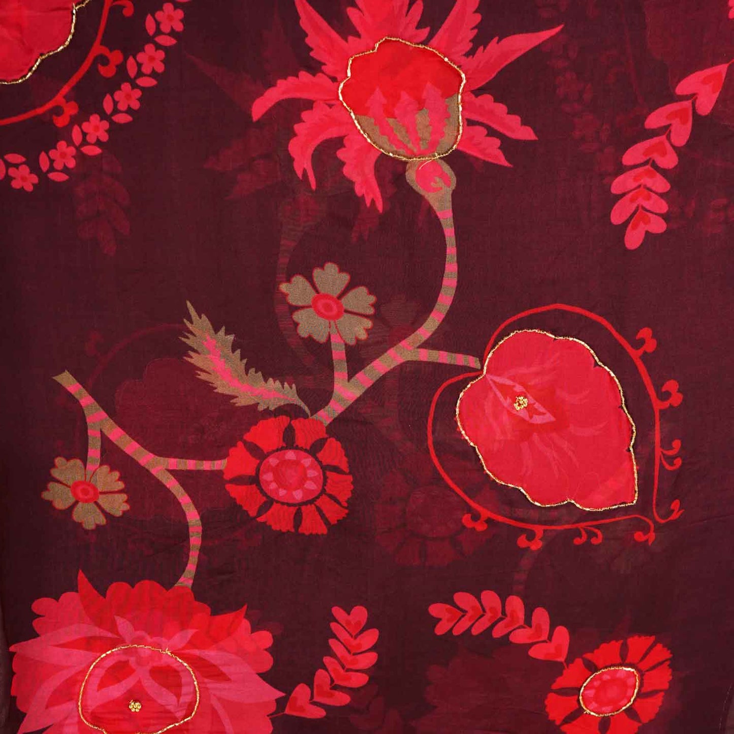 Wine Floral hand embroidery Viscose Organza Fabric MF-27527