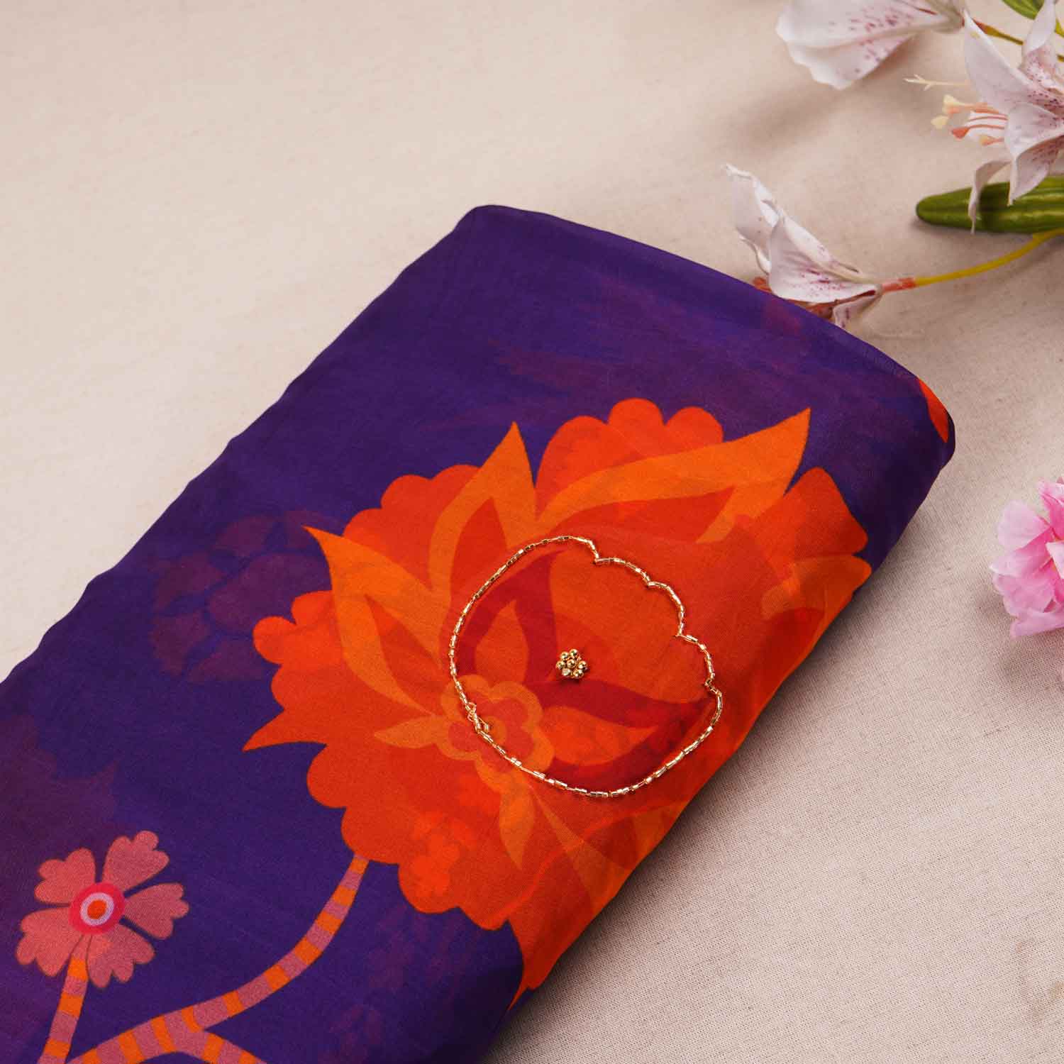 Purple Floral hand embroidery Viscose Organza Fabric MF-27528