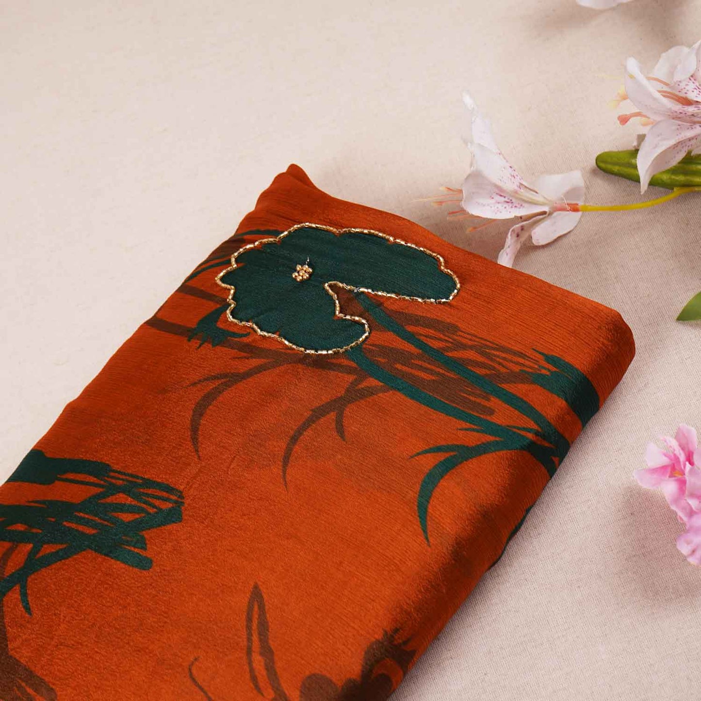 Brown & Dark Green Floral hand embroidery Chinon Fabric MF-27529