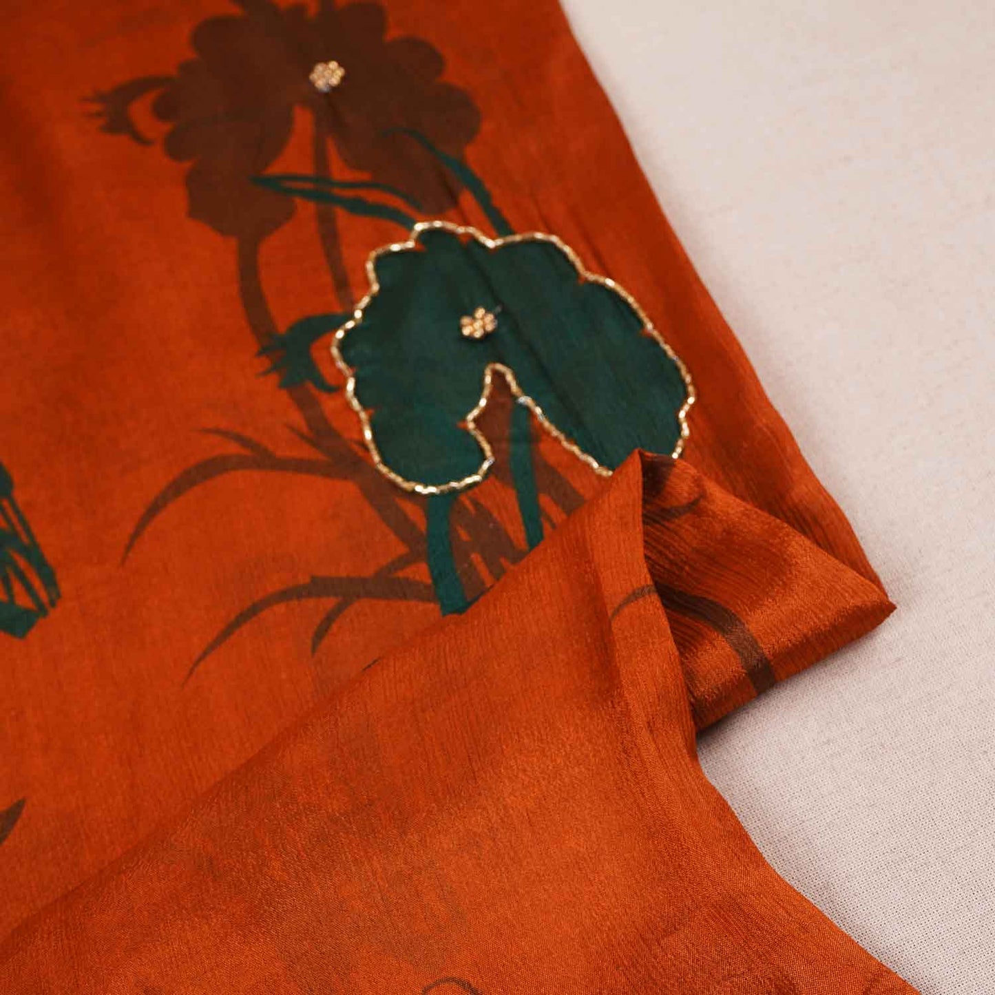 Brown & Dark Green Floral hand embroidery Chinon Fabric MF-27529
