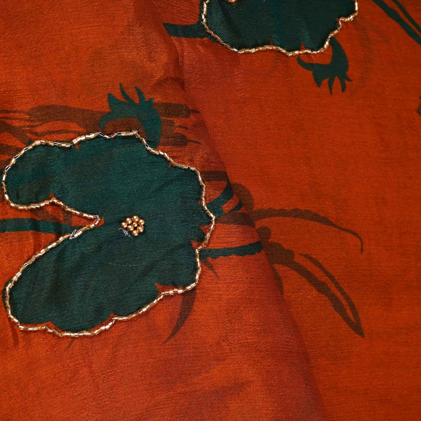Brown & Dark Green Floral hand embroidery Chinon Fabric MF-27529