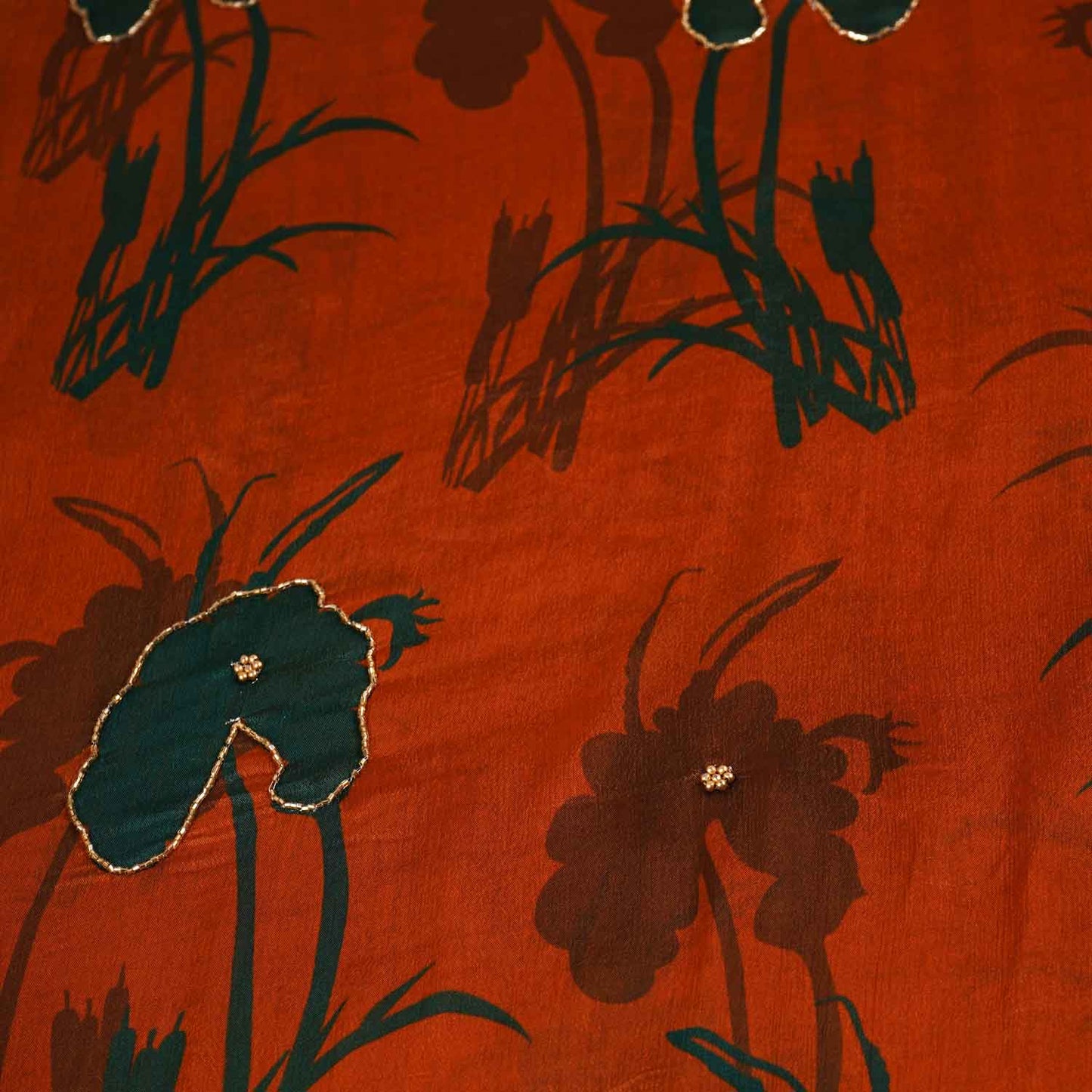Brown & Dark Green Floral hand embroidery Chinon Fabric MF-27529