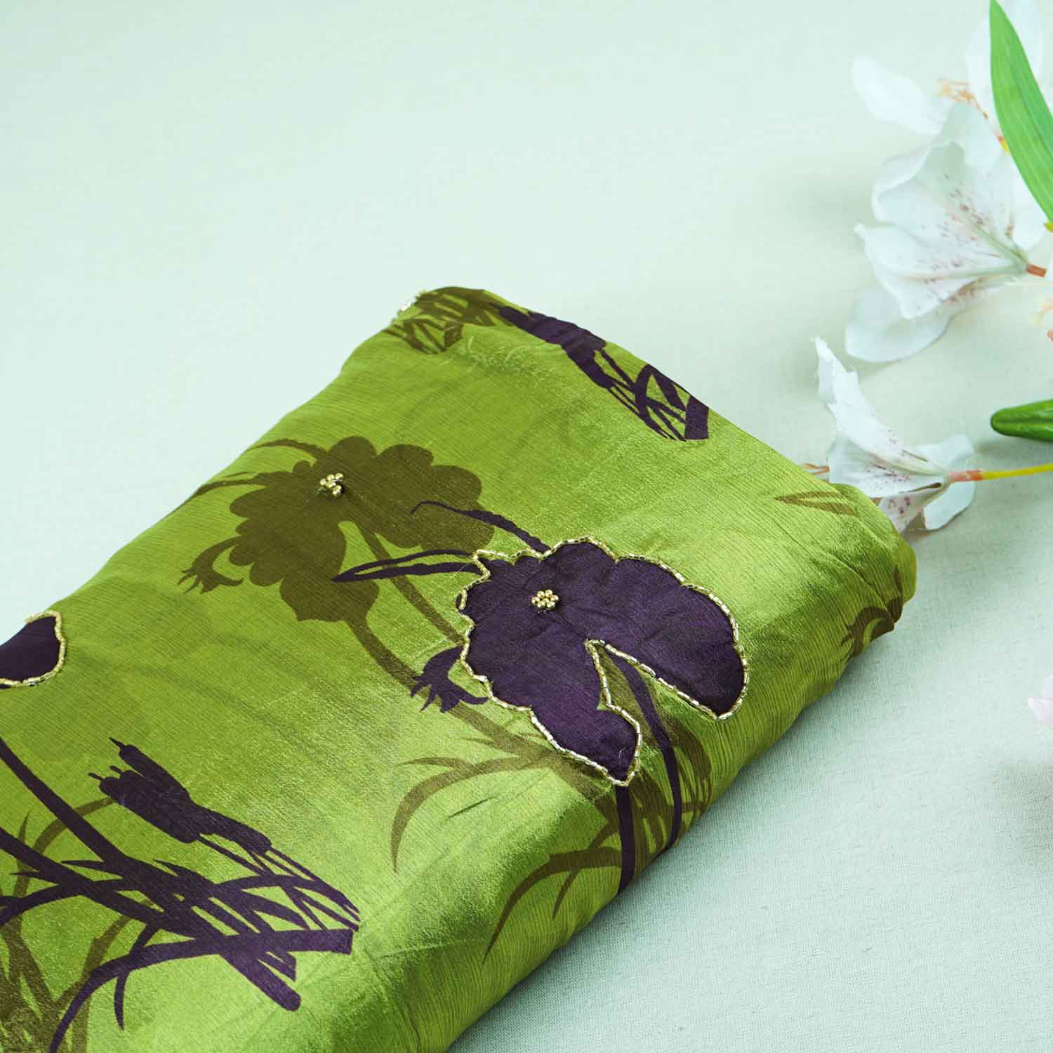 Light Green & Purple Floral hand embroidery Chinon Fabric MF-27532