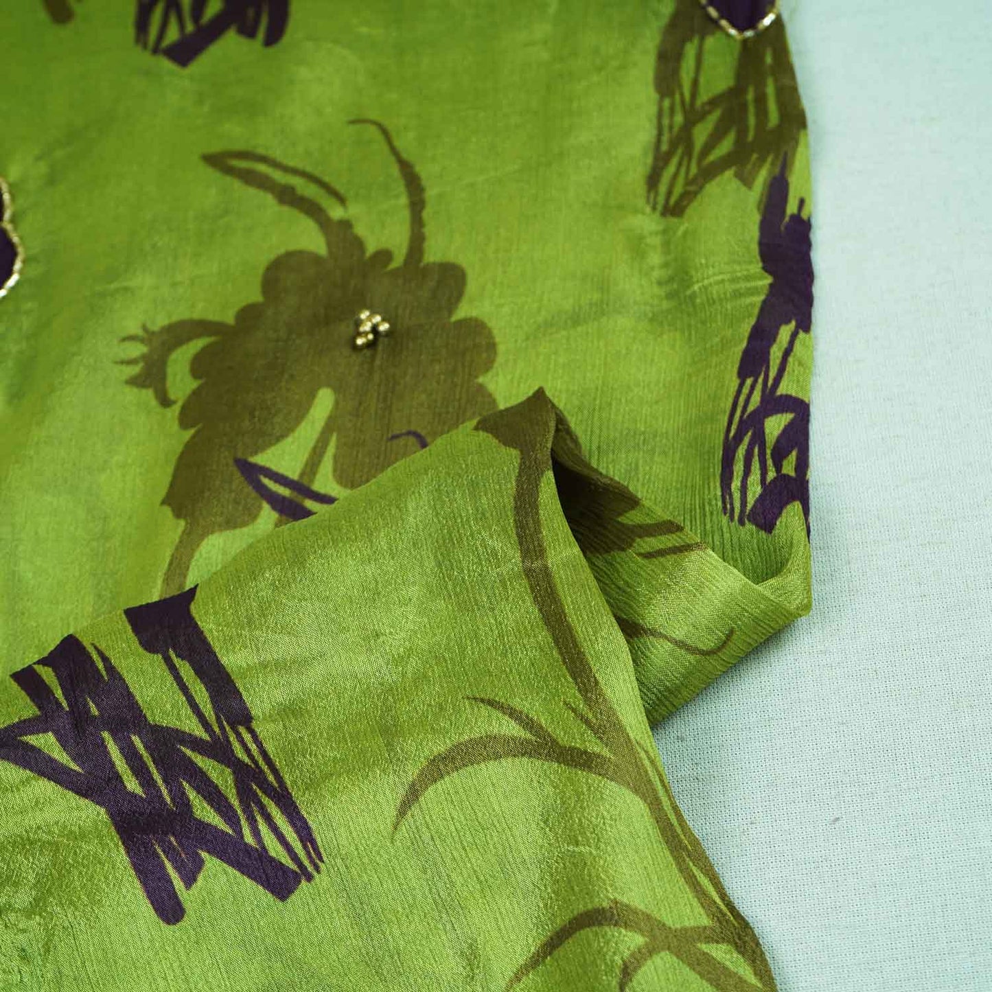 Light Green & Purple Floral hand embroidery Chinon Fabric MF-27532