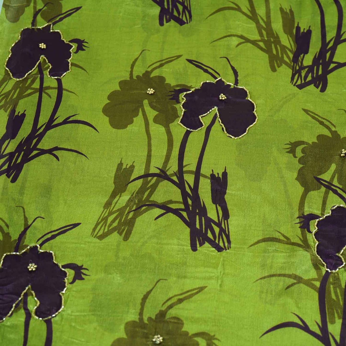 Light Green & Purple Floral hand embroidery Chinon Fabric MF-27532