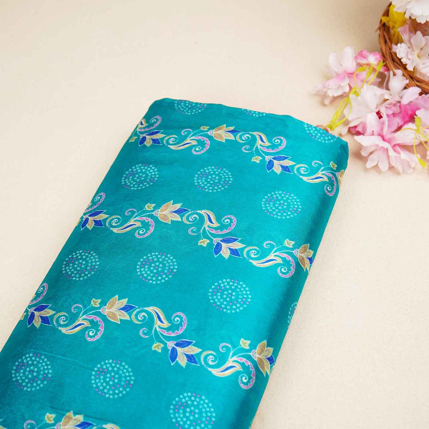 Teal Green Abstract Print Chinon Fabric NF-27564