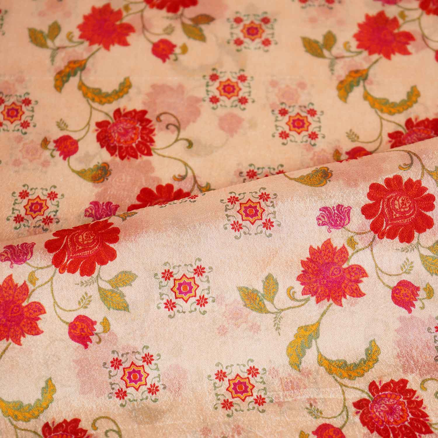 Peach Pink Floral Print Chinon Fabric NF-27570