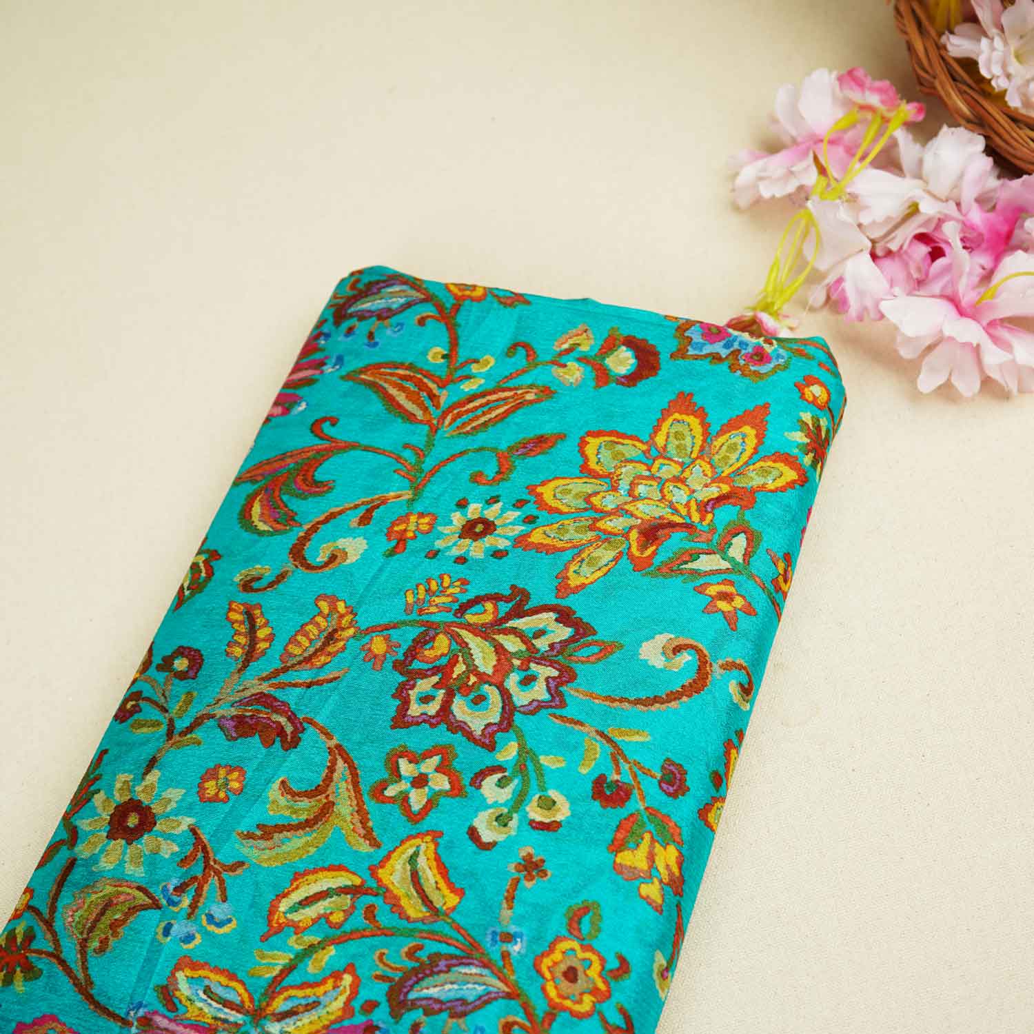 Teal Blue Floral Print Chinon Fabric NF-27572