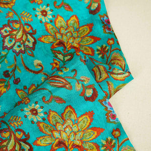 Teal Blue Floral Print Chinon Fabric NF-27572