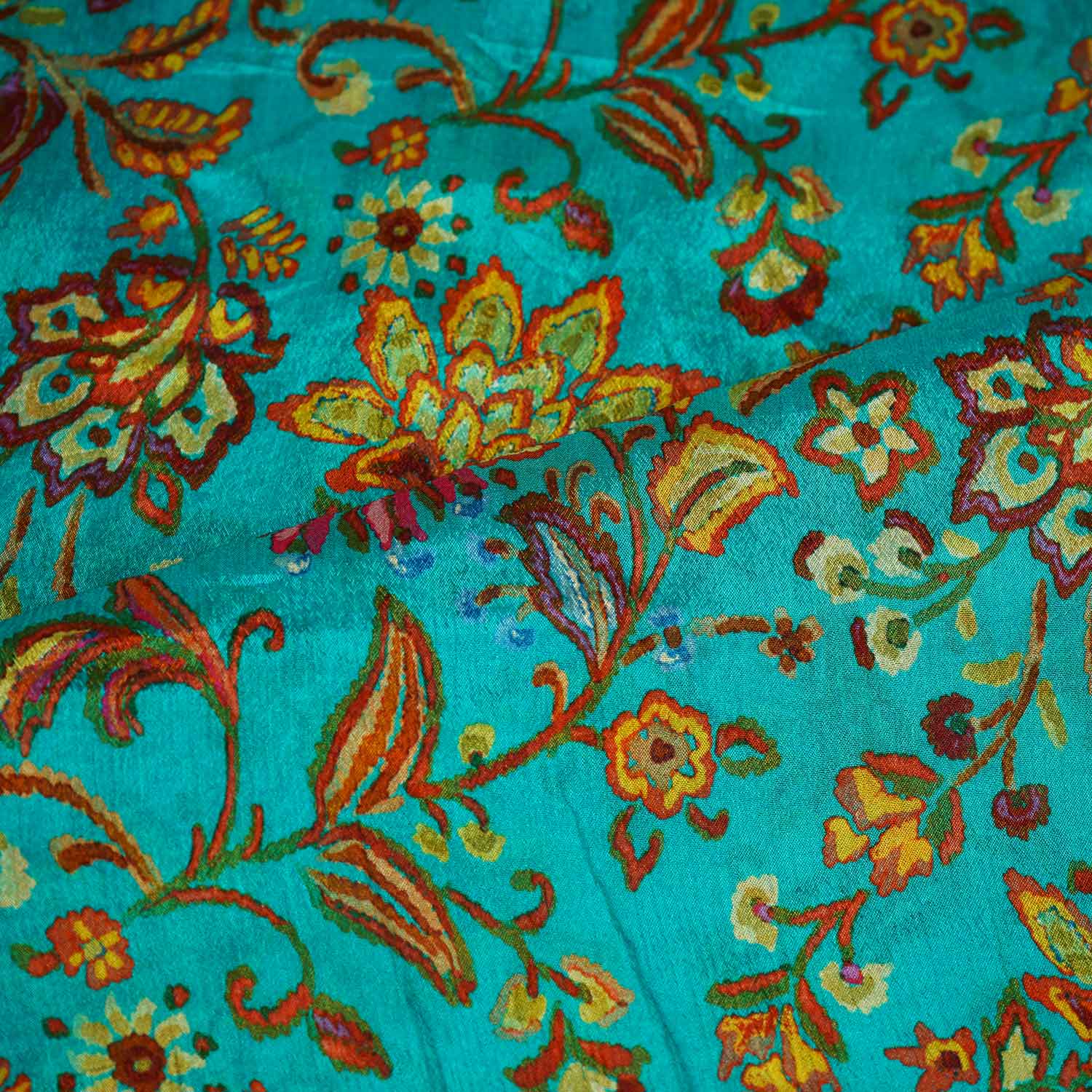 Teal Blue Floral Print Chinon Fabric NF-27572