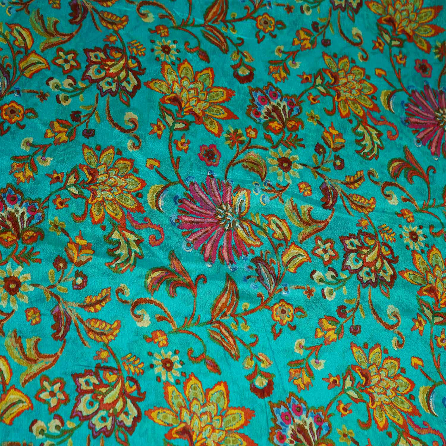 Teal Blue Floral Print Chinon Fabric NF-27572