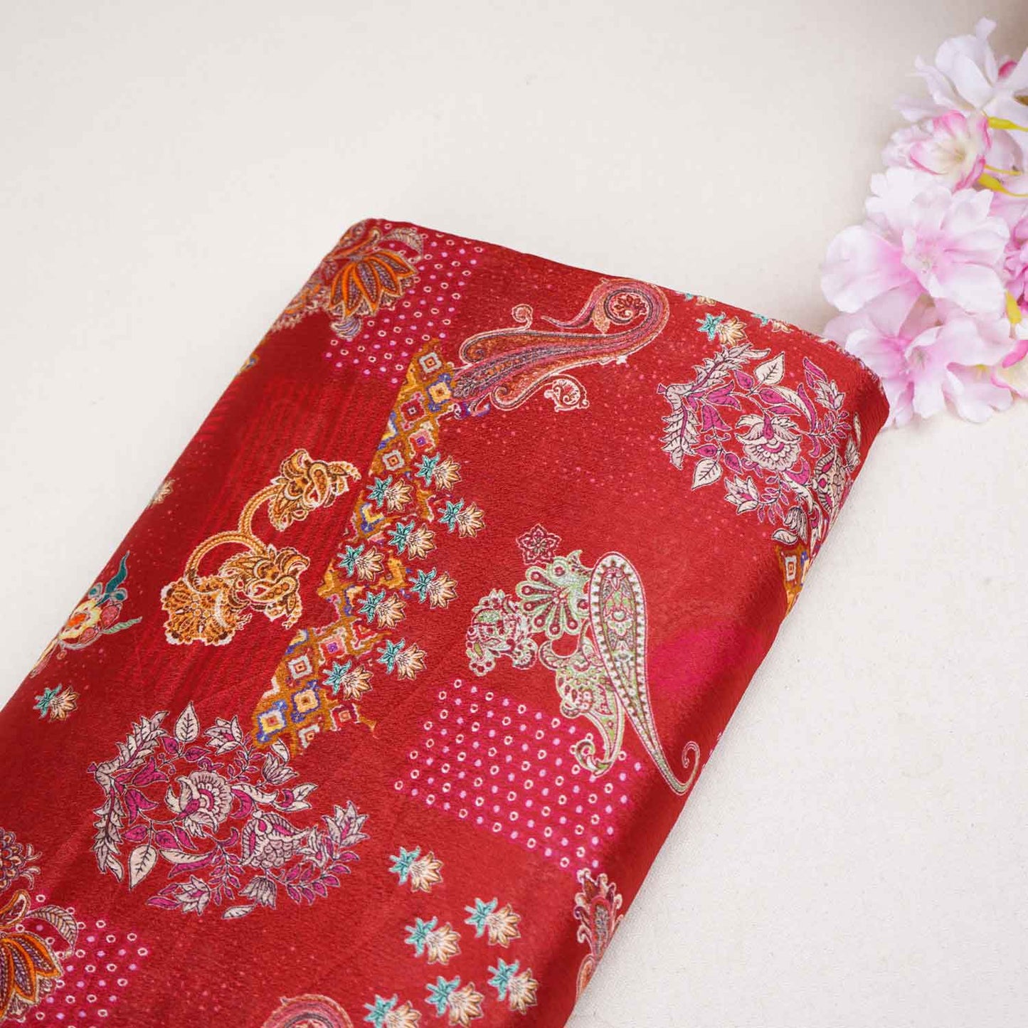 Maroon Paisley Floral Print Chinon Fabric NF-27573