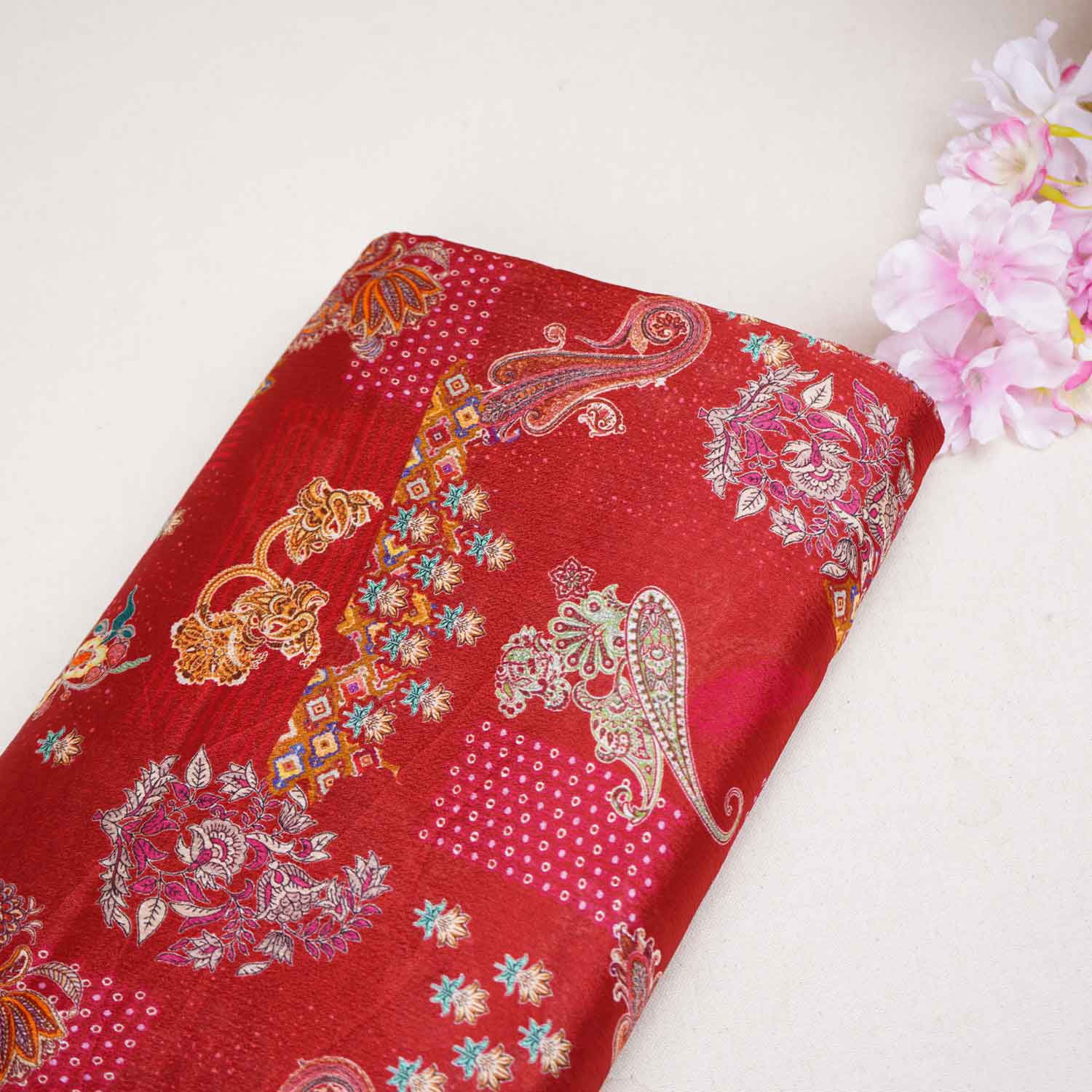Maroon Paisley Floral Print Chinon Fabric NF-27573