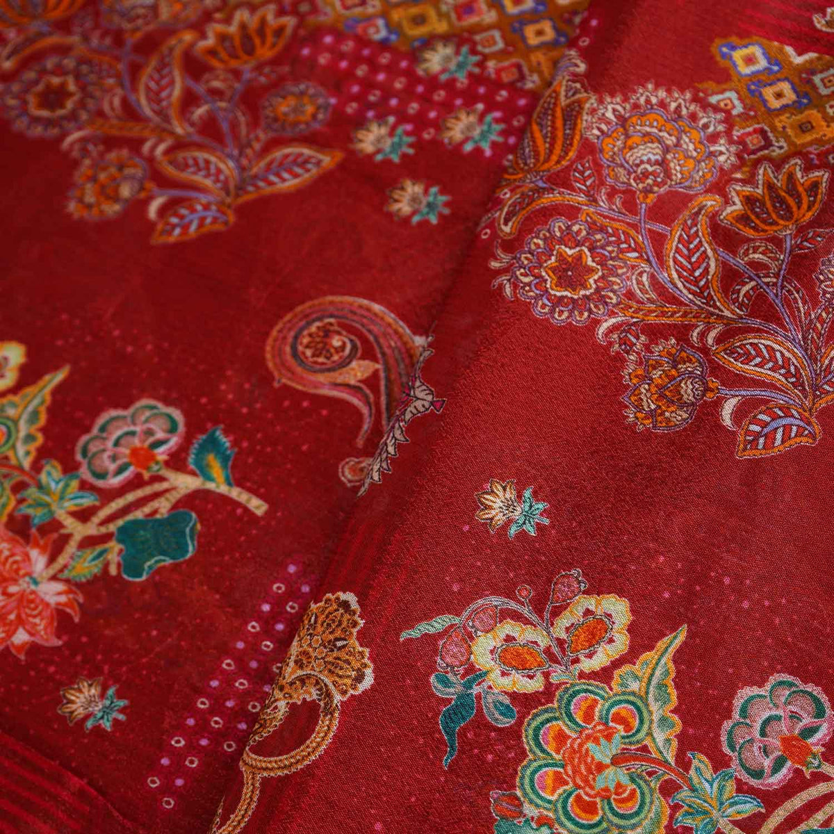 Maroon Paisley Floral Print Chinon Fabric NF-27573