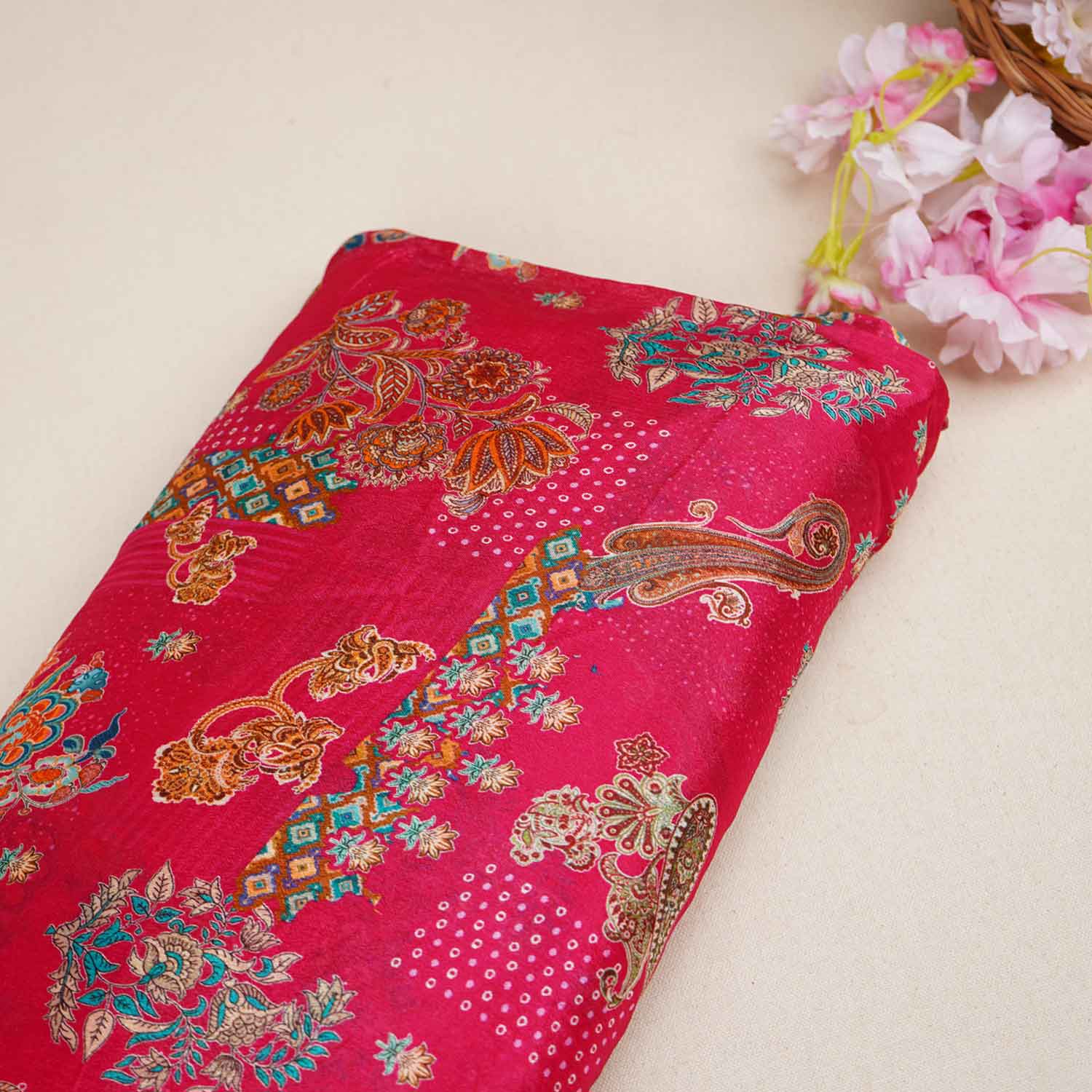 Magenta Pink Paisley Floral Print Chinon Fabric NF-27575