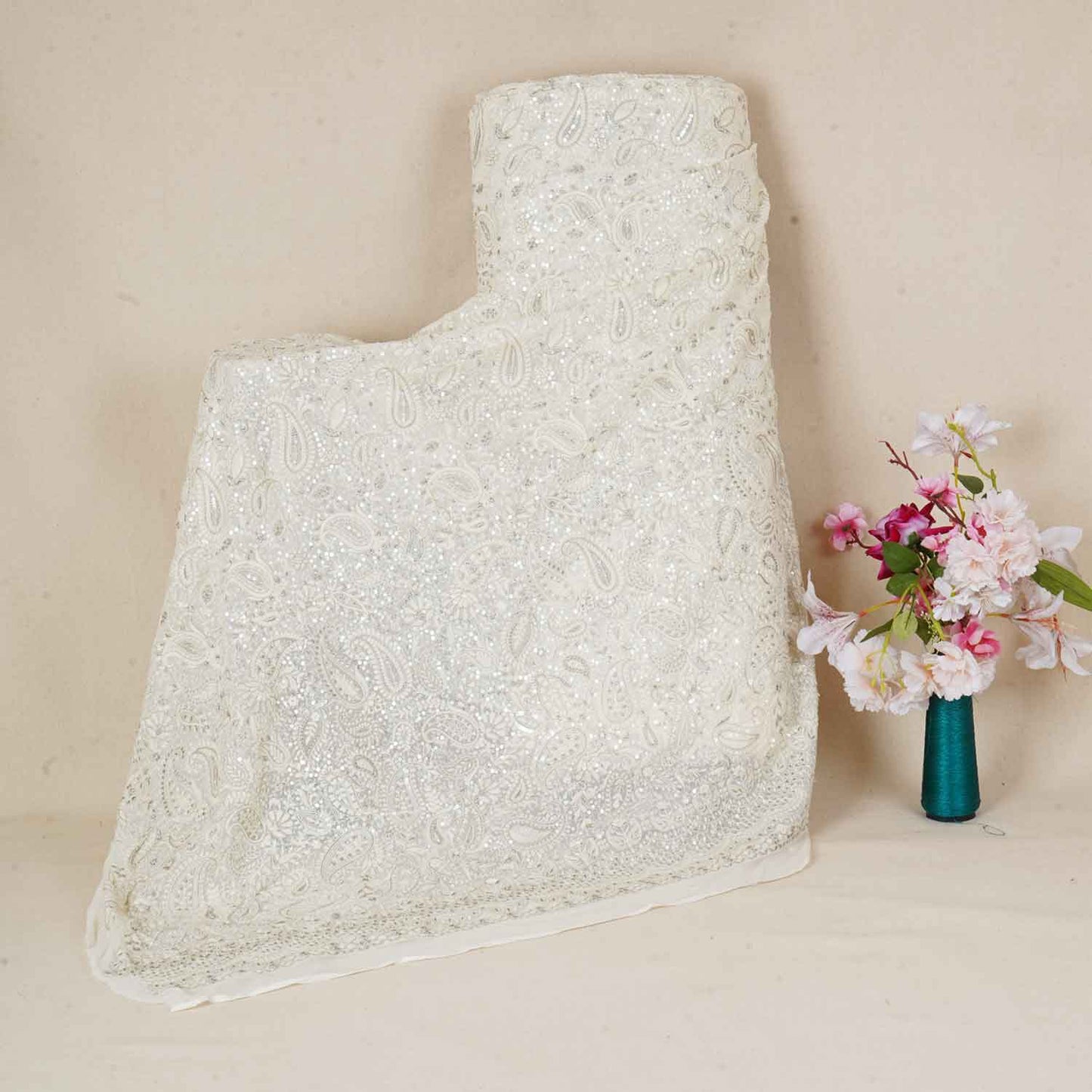 Off White Paisley Sequins Embroidery Chikankari Georgette Fabric DRAJ-28276