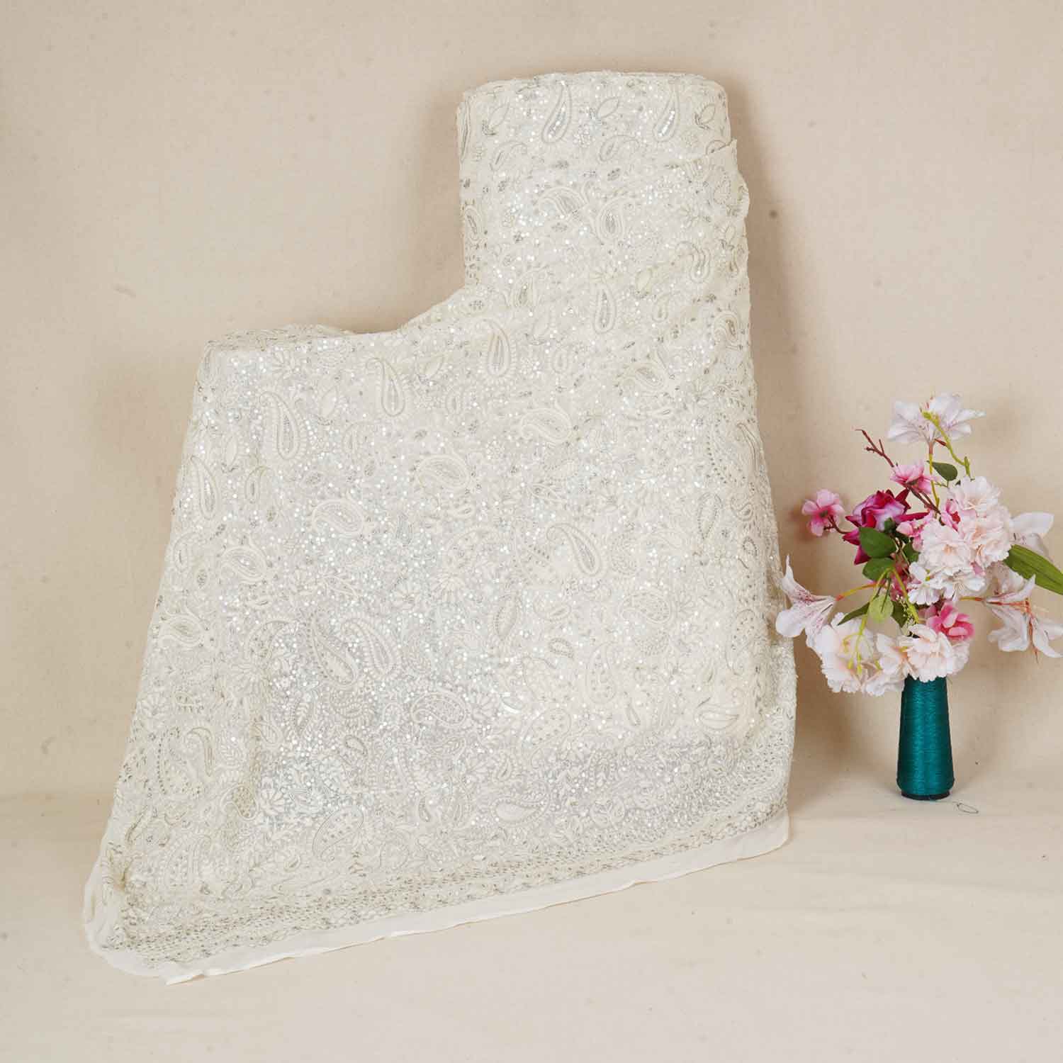 Off White Paisley Sequins Embroidery Chikankari Georgette Fabric DR-28276 - TradeUNO