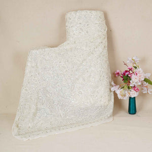 Off White Paisley Sequins Embroidery Chikankari Georgette Fabric DR-28276 - TradeUNO