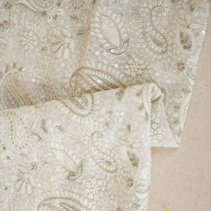 Off White Paisley Sequins Embroidery Chikankari Georgette Fabric DR-28276 - TradeUNO