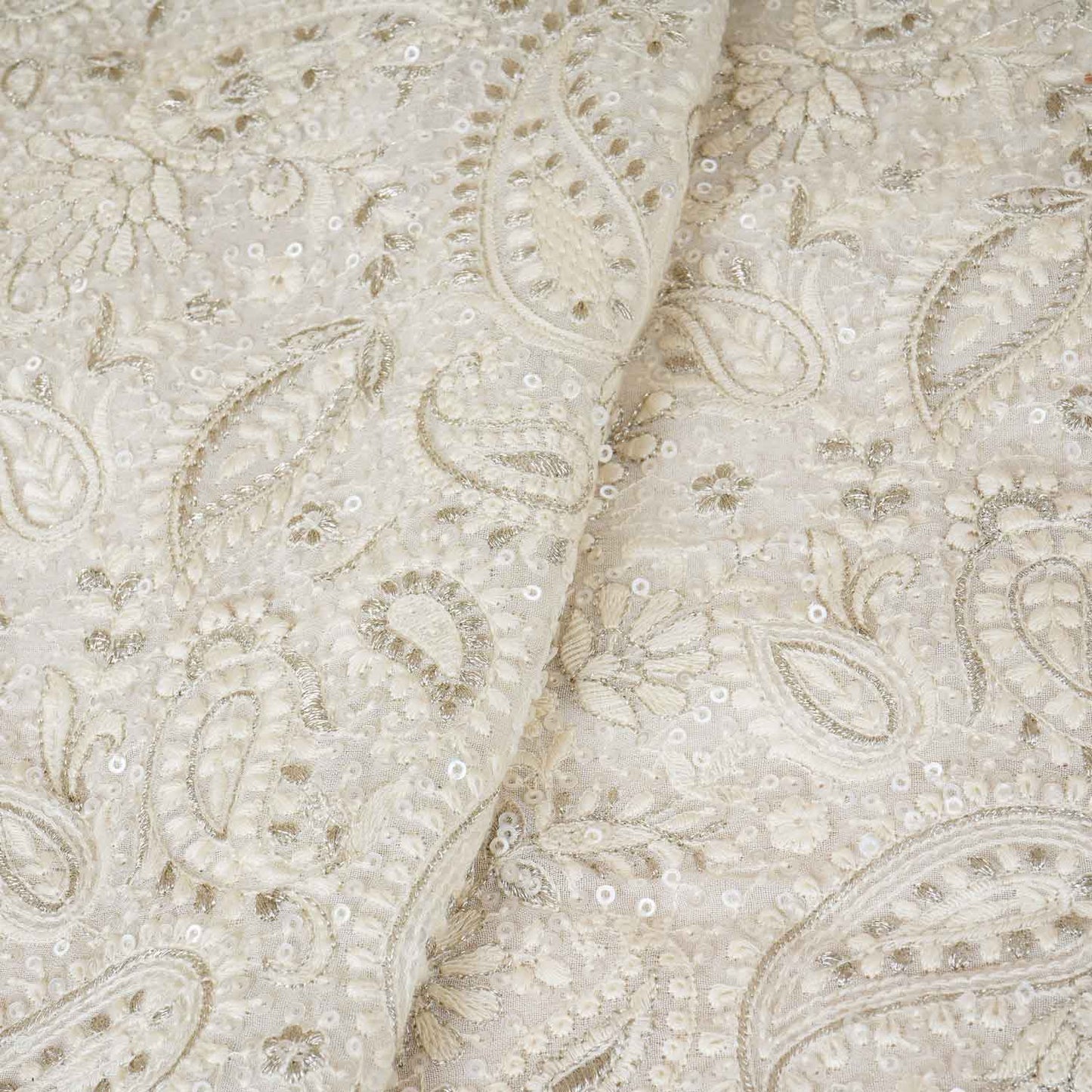 Off White Paisley Sequins Embroidery Chikankari Georgette Fabric DRAJ-28276