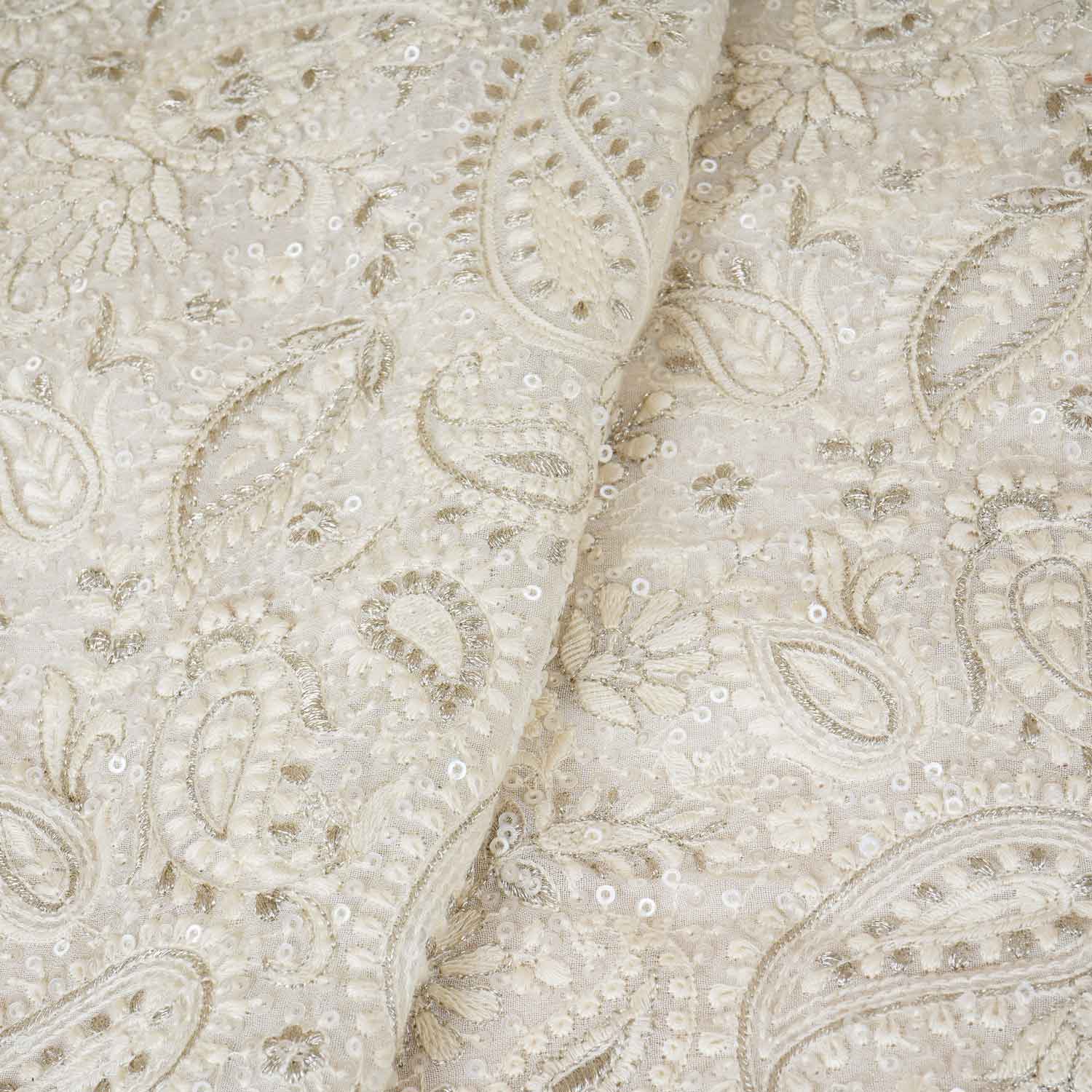 Off White Paisley Sequins Embroidery Chikankari Georgette Fabric DR-28276 - TradeUNO
