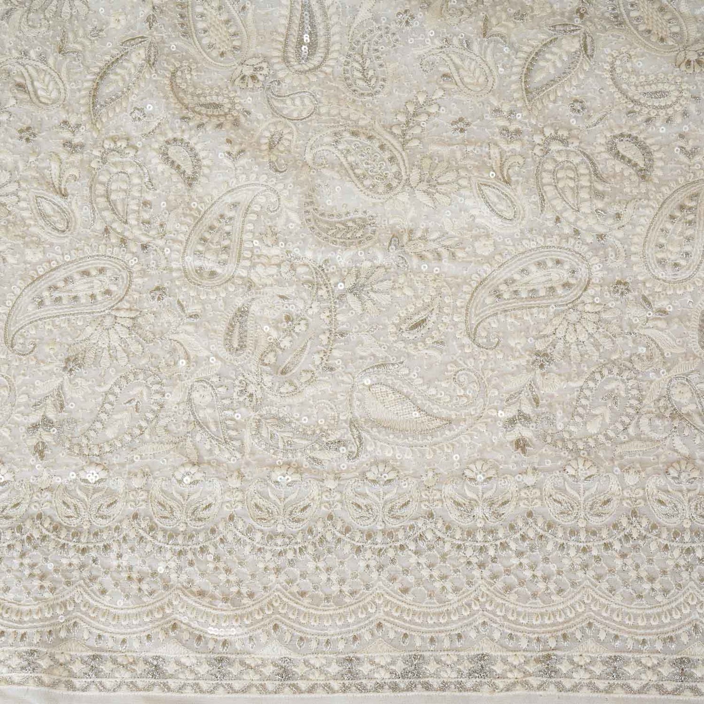 Off White Paisley Sequins Embroidery Chikankari Georgette Fabric DRAJ-28276
